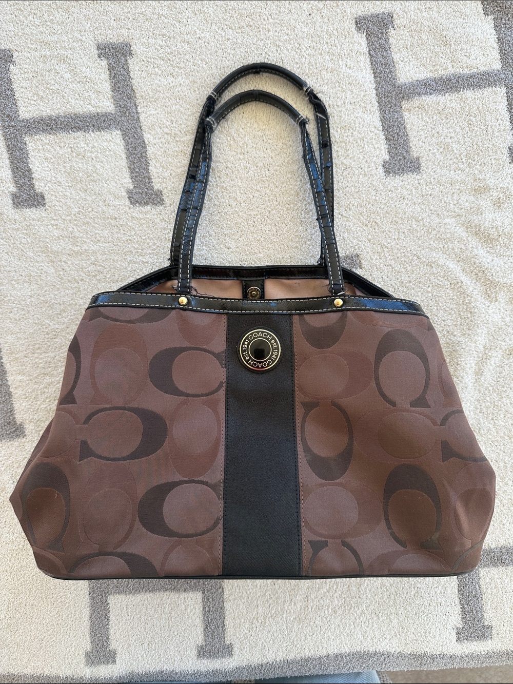 Coach Brown Signature Canvas Tote with Black Center Stripe vintage